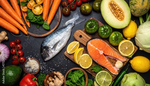 Assortment of Fresh Healthy Food Ingredients Fish Vegetables Fruits.
