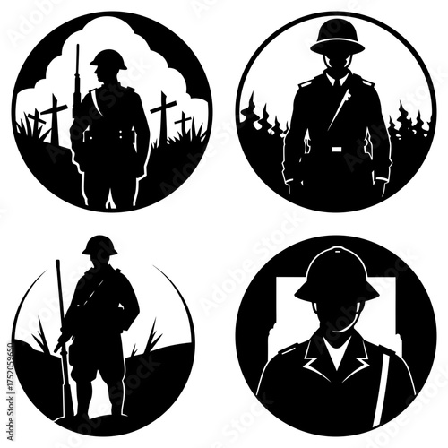 Four circular designs featuring silhouettes of soldiers in various poses and memorial settings in black and white