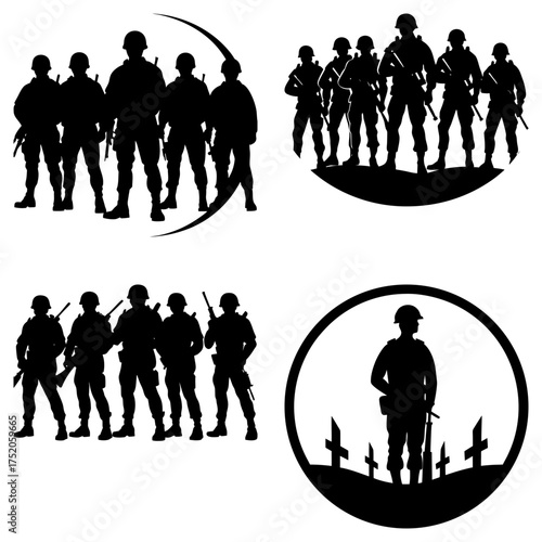 Silhouette depictions of military personnel in various group formations and memorial scenes in black