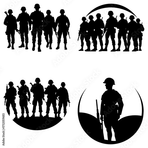 Silhouettes of soldiers in various formations standing with rifles against a white background in vector format