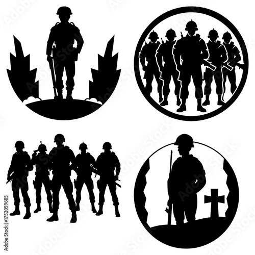 Silhouettes of soldiers in various scenes of war and remembrance in black and white vector graphics