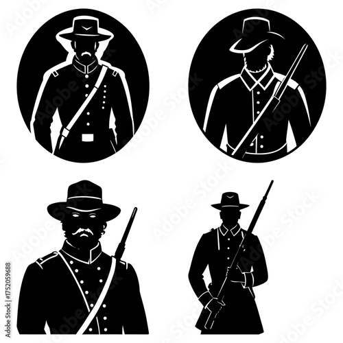 Silhouette illustrations depicting civil war soldiers in various poses and compositions in black and white