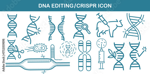 Innovative CRISPR and DNA editing icon doodle set vector. Perfect for biotechnology, genetic, genome research, science, medicine, and laboratory design. Trendy, modern, minimal scientific illustration