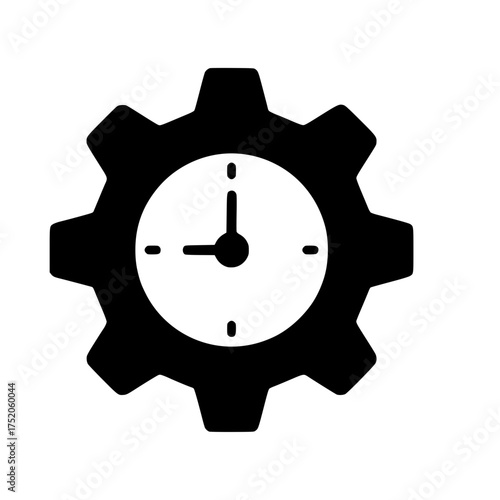 A black glyph icon of a gear with an integrated clock, symbolizing time management and productivity