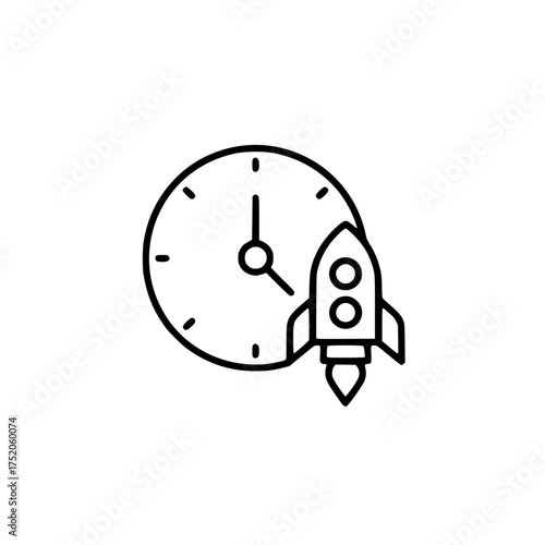 Rocket launch and clock line icon representing fast project startup, speed, and deadline concepts
