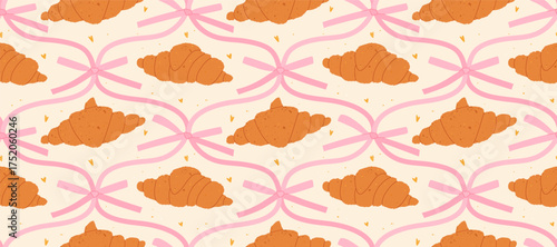 Seamless pattern with croissants and pink bows on cream background. Cute bakery pattern.