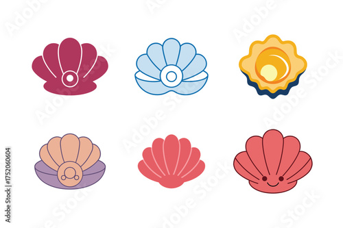 Colorful seashell illustrations arranged in a grid