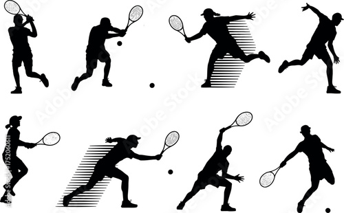 tennis, player, sport, game, athlete, match, ball, racket, action, silhouette, vector, competition, exercise, 