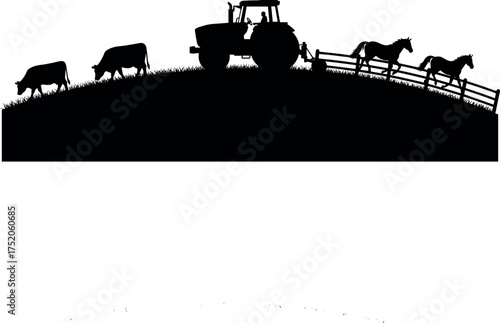 farm, tractor, cow, horse, field, rural, cattle, grass, plow, agriculture, livestock, countryside, animal, nature, silhouette,
farm tractor, grazing cows, running horses, rural field, 
