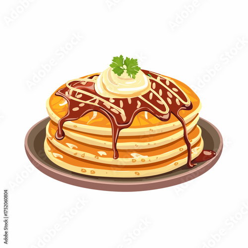 Stack of Pancakes Delight: A mouthwatering stack of golden-brown pancakes, drizzled with rich chocolate sauce and topped with a dollop of creamy butter and a sprig of fresh parsley.