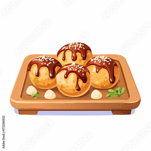 Takoyaki Temptation: An artful presentation of delectable takoyaki, each ball adorned with a drizzle of savory sauce and a sprinkle of flavorful garnish, sitting on a wooden tray. 