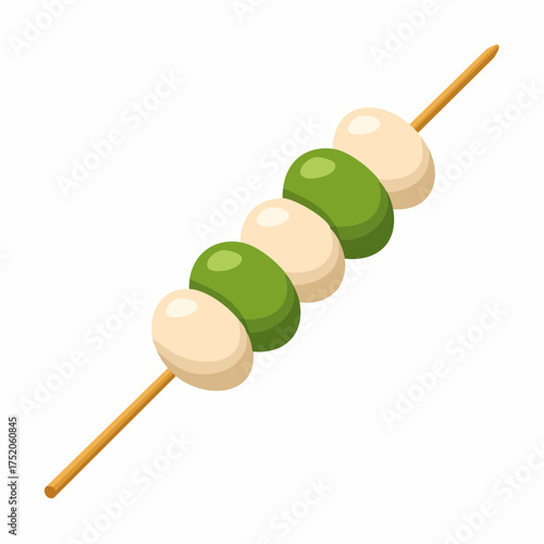 Colorful Skewer Appetizer: Delight in this vibrant, playful illustration of a skewer artfully arranged with contrasting green and white spherical delights, a tantalizing appetizer.