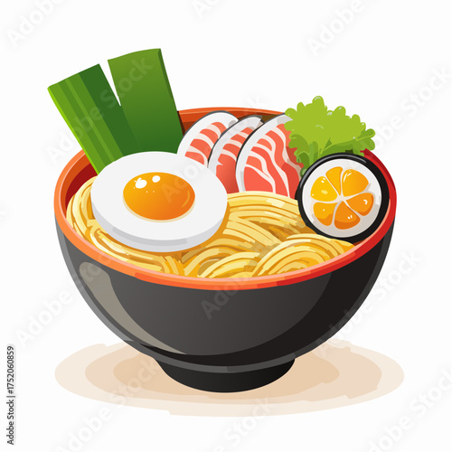 Appetizing Ramen Bowl: A mouthwatering illustration of a ramen bowl filled with delicious noodles, savory broth, tender meat, a perfectly boiled egg, and vibrant vegetables.