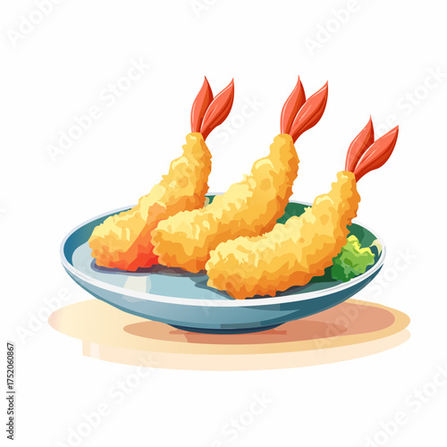Golden Tempura Shrimp Delight: Three tempura shrimp, boasting a perfect golden-brown crispiness, are artfully arranged on a delicate plate, offering a taste of culinary perfection.