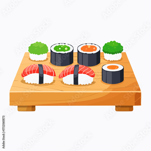 Sushi Variety on a Wooden Platter: A beautifully arranged assortment of colorful sushi pieces, presented on a traditional wooden platter. The scene evokes a sense of culinary delight.