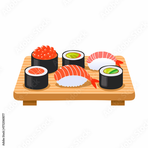 Sushi Delight: A visual feast of meticulously crafted sushi and maki rolls arranged on a wooden serving board, a celebration of flavors and textures.