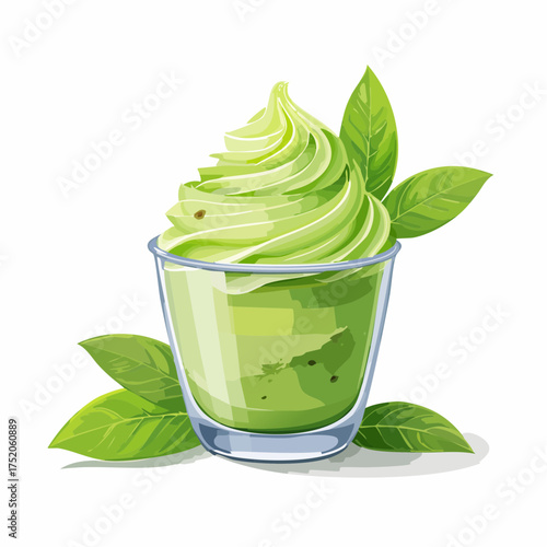 Matcha Delight: A visually appealing matcha dessert, with a vibrant green hue and intricate swirls, is served in a transparent glass. The artistic touch is further enhanced by the inclusion of fresh.