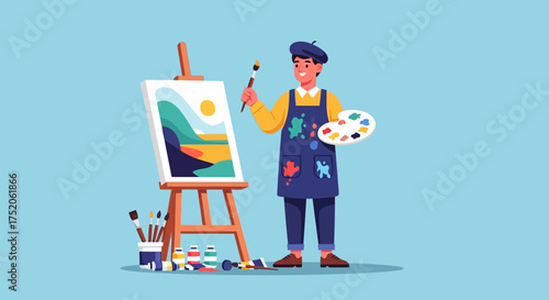 Artist Painting a Landscape on Easel.