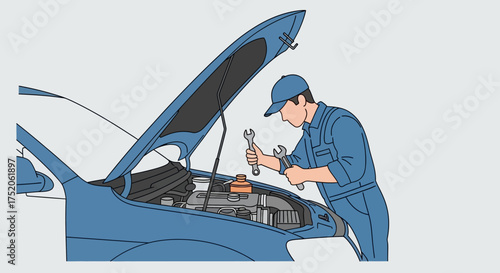 Car Mechanic Repairing Engine with Wrench.
