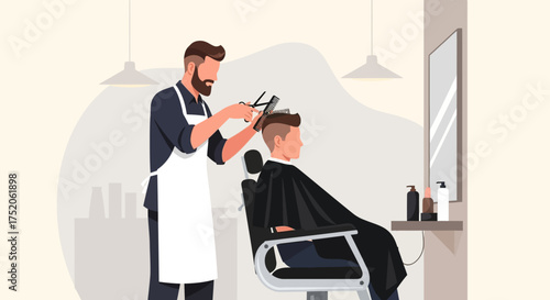 Barber giving a haircut to a customer.