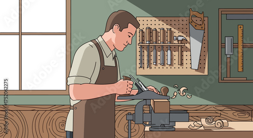 Woodworker crafting in his workshop illustration.
