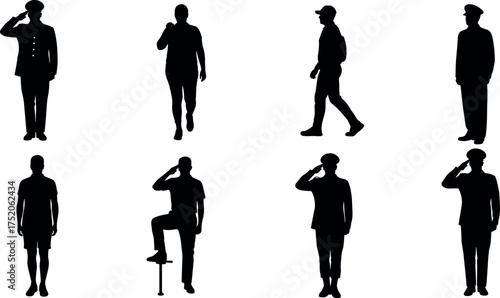 Silhouettes of military and casual men saluting, walking, standing, isolated on white background, ideal for army, training, and discipline themes