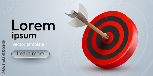 Red dart target icon with arrow banner. 3d style design of business goal. Success finance marketing strategy.