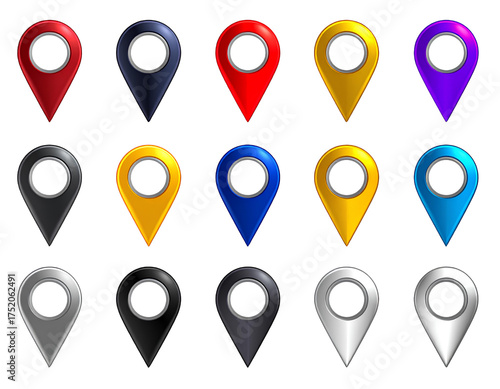 Free Download Location pins set including purple, yellow, red, black, blue, and metallic silver sty - GFXLoad