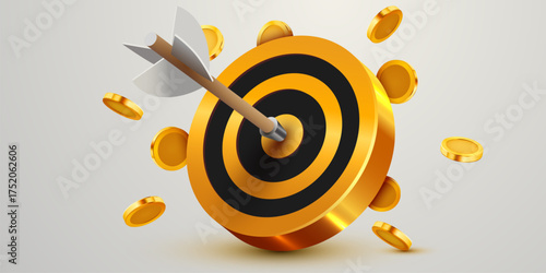 Golden dart target icon with arrow and coins. 3d design of business goal. Success finance marketing strategy.