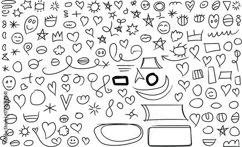 Doodle art seamless pattern background with cute hearts stars and smiley faces