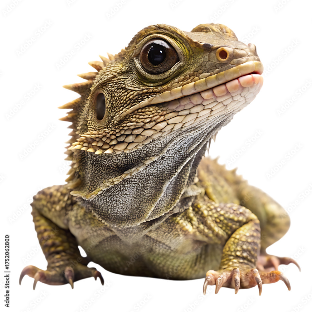 Fototapeta premium Close-up detailed studio portrait of a tuatara reptile on a plain background showcasing unique textures and features