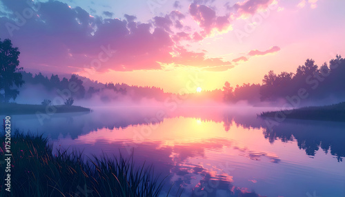 Wallpaper Mural Serene Lake Landscape with Foggy Horizon and Reflected Sunrise in Pastel Hues under a Cloudy Sky Near Dark Forest Torontodigital.ca