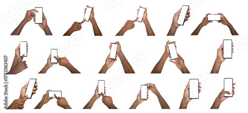 Phone in hand with finger scrolling screen, male user interacting with smartphone device, modern