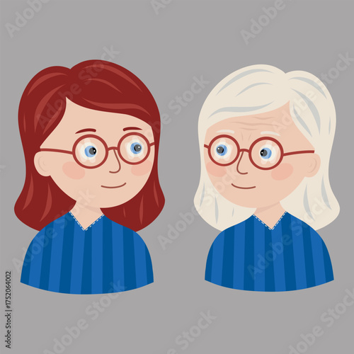 Same woman different ages face vector illustration. Generations Portrait, Young and Senior Face, Intergenerational Portrait. 