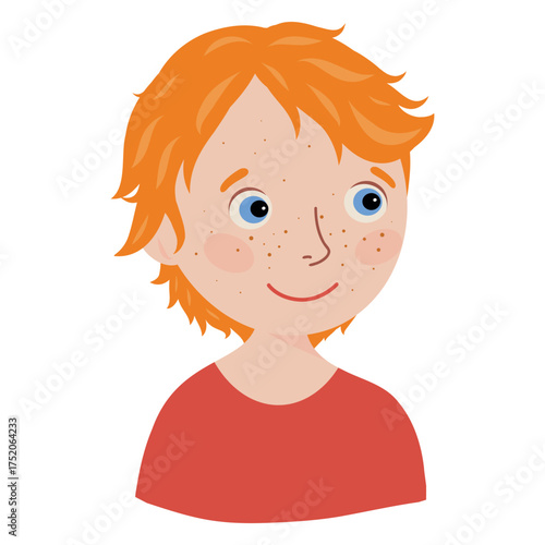 Redhead Boy Portrait Vector Illustration, Ginger Child Face, Freckled Boy Head. Boy profile, Cute, Happy face, Boy's avatar