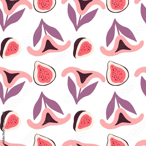 Feminine abstract motif with stylized vulva inspired shapes in seamless geometric arrangement on rich dark background for modern design