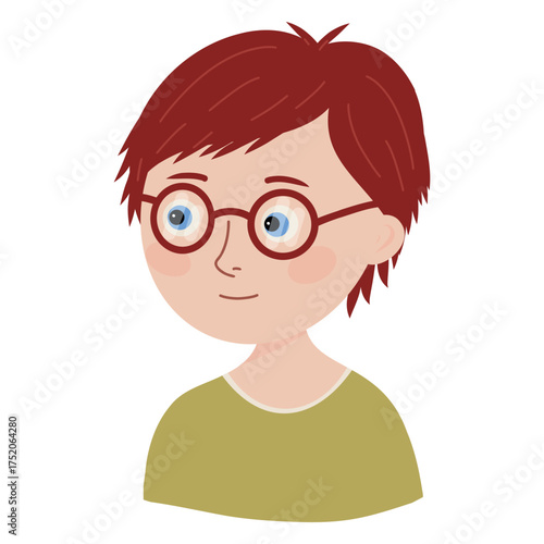 Boy wearing glasses vector illustration. Boy profile, portrait. Cute, Happy face, Boy's avatar