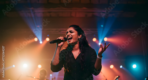 Energetic Woman Singing with Microphone on Stage