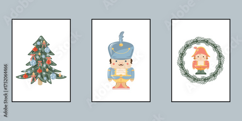 Hand drawn Christmas Posters, Festive Posters Set. Nutcracker, Christmas tree, Wreath