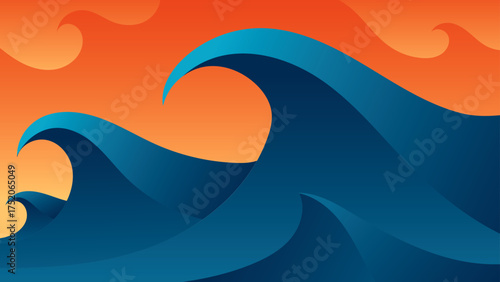a beautiful waves and scenery of sunset on ocean. vector wallpaper, vector art, digital painting, background poster of rolling waves.