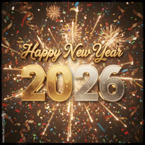 Festive Happy New Year 2026 background with sparkling lights, golden confetti, and vibrant colors, perfect for holiday celebrations, greeting cards and social media visuals.
