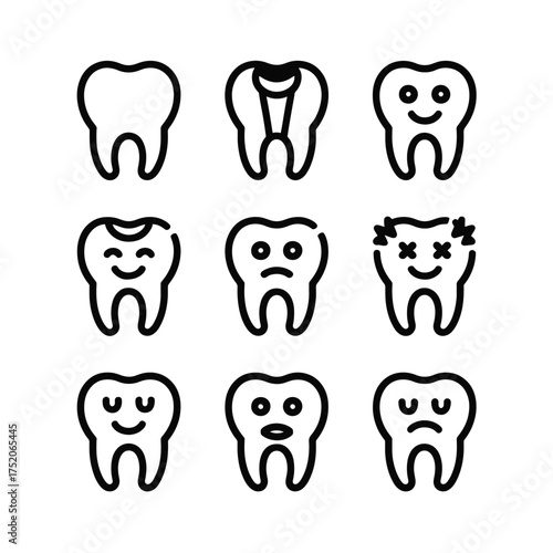Nine black line art icons of teeth with various expressions and conditions tooth dental