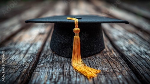 Mortarboard resting on weathered wooden boards; graduation cap detail