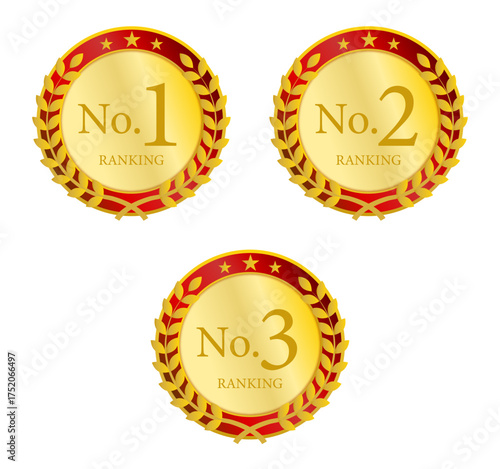 金色メダルのランキングバッジセット赤い縁取りのエンブレム・1位2位3位
