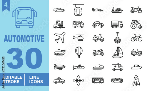Automotive line Editable Icons set. Vector illustrations in a modern, thin line style of vehicles related icons: cable car, airplane, bike, and more.