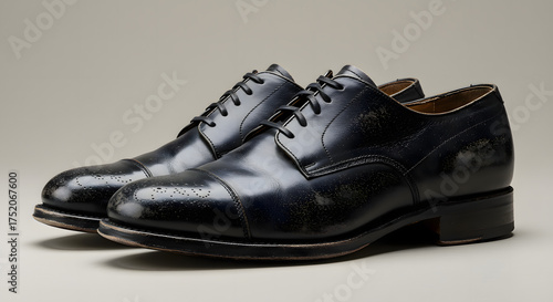 Pair of Dark Dress Shoes Leather Oxfords Style Footwear on Neutral Background