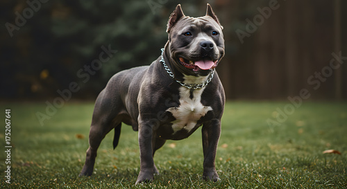 Powerful Gray Dog Standing on Green Grass in Outdoor Setting