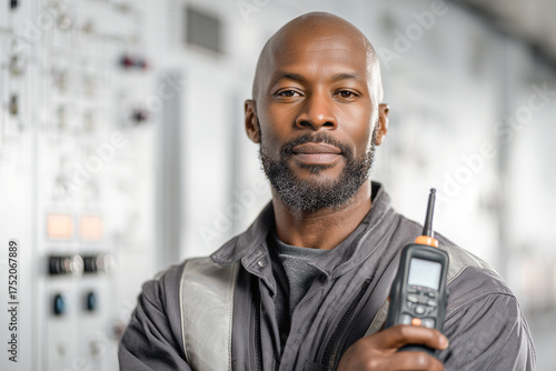 Confident African American  cathodic protection specialist Engineer in Industrial Control Room
