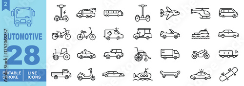 Automotive line Editable Icons set. Vector illustrations in a modern, thin line style of vehicles related icons: bus, fire truck, school bus, and more.