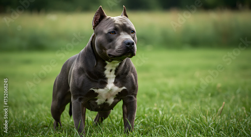 Powerful Gray Dog Standing on Green Grass in Outdoor Setting